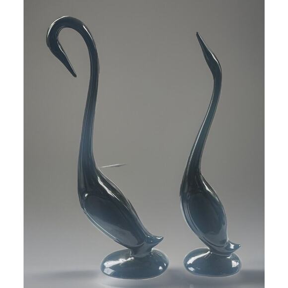 2 VTG MCM Black Ceramic Glass Figures Crane Egret Swan Arnels Style Birds Heron - Picture 2 of 7